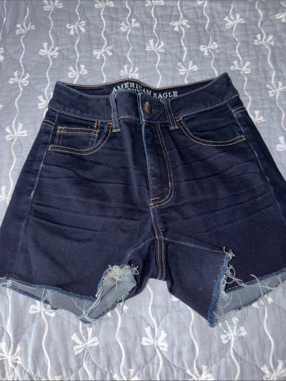 American Eagle Outfitters Navy High-Rise Frayed Denim Shorts